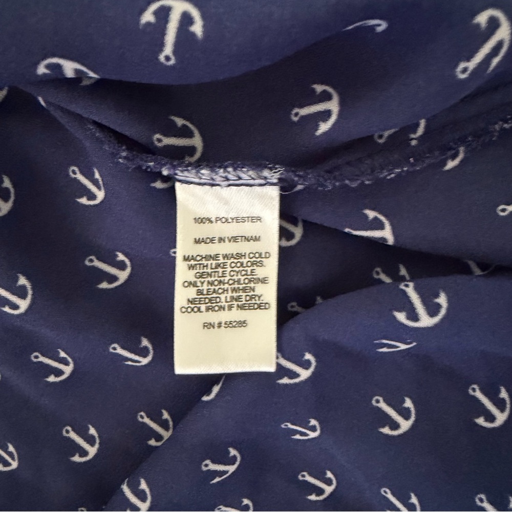 Nautical Anchor Print Blouse S Express Long Sleeve Button Down Navy Coastal Blue - Picture 5 of 10